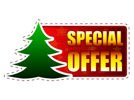 special offer - text and christmas tree sign on red banner with snowflakes, business holiday concept