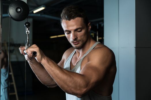 Fit Man On The Triceps Pulldown Weight Machine At A Health Club