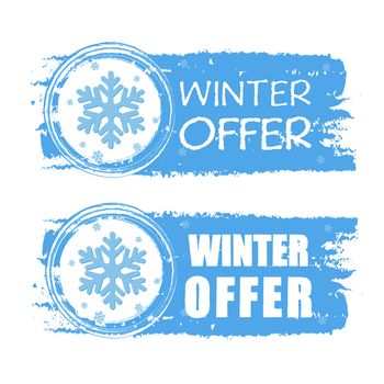 winter offer - text with snowflake sign on blue drawn banners, business seasonal concept