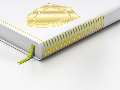 Safety concept: closed book with Gold Shield icon on floor, white background, 3d render