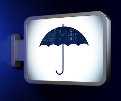 Safety concept: Umbrella on advertising billboard background, 3d render