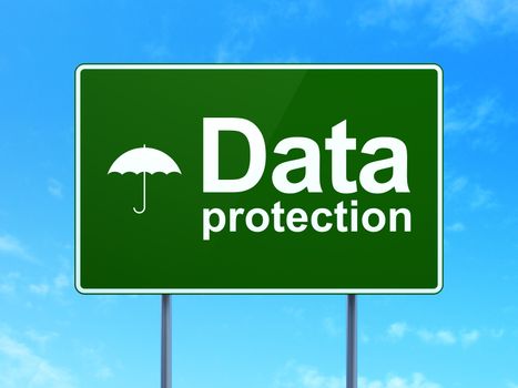 Safety concept: Data Protection and Umbrella icon on green road (highway) sign, clear blue sky background, 3d render