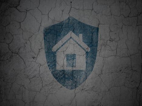 Security concept: Blue Shield on grunge textured concrete wall background, 3d render