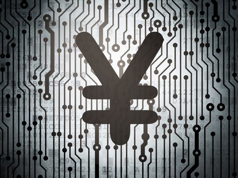 Currency concept: circuit board with  Yen icon, 3d render