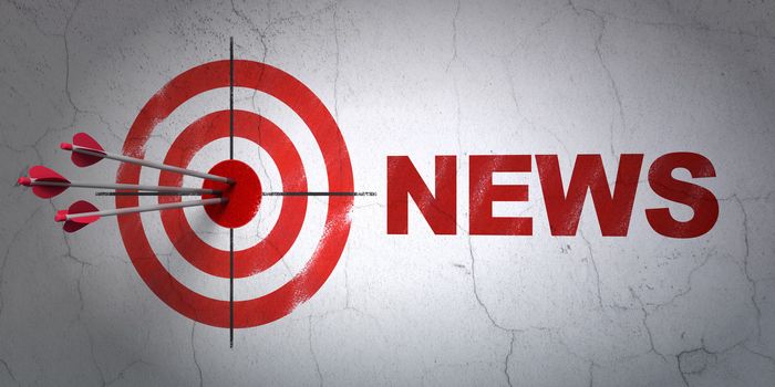 Success news concept: arrows hitting the center of target, Red News on wall background, 3d render