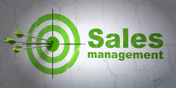 Success advertising concept: arrows hitting the center of target, Green Sales Management on wall background, 3d render