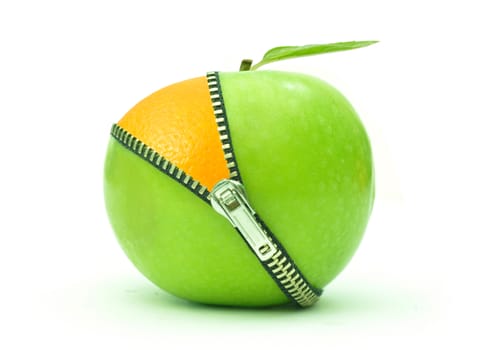 Green apple with an orange underneath an open zip