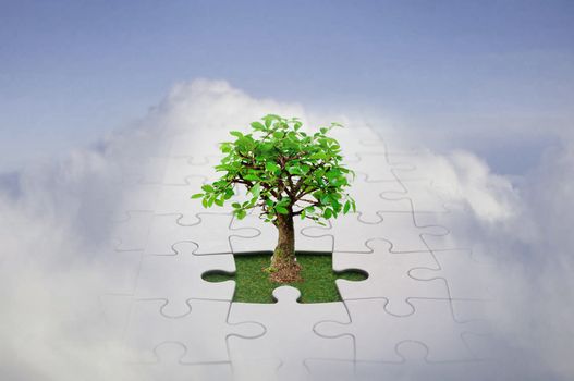 Small tree growing from a jigsaw in the sky symbolising the growth of new ideas and discovering solutions 