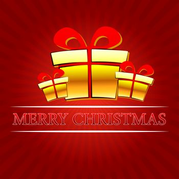 merry christmas - text with golden gift boxes signs over red rays