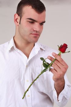 Suave handsome seductive young male Valentine lover holding a single long stemmed red rose to his lips with a sensual expression