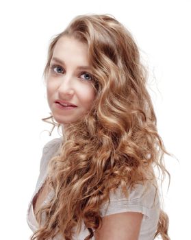 portrait of a young beautiful woman with long brown hair -isolated on white