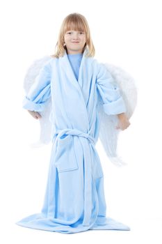 boy with long blond hair and angel wings - isolated on white