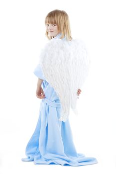 boy with long blond hair and angel wings - isolated on white