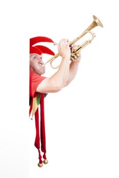 jester - entertaining figure in typical costume blowing trumpet