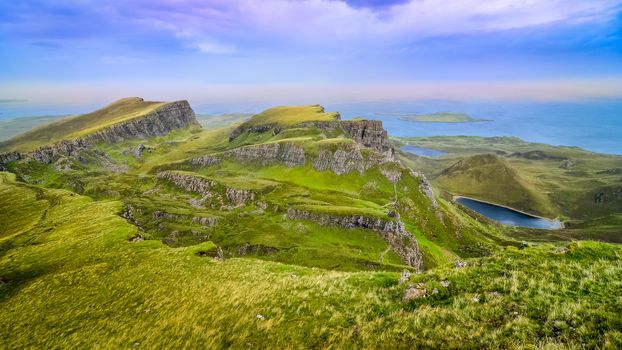 Panoramic view of Quiraing coastline in Scottish highlands, United Kingdom