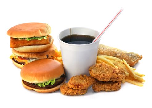 Hamburgers fried potatoes and drink
