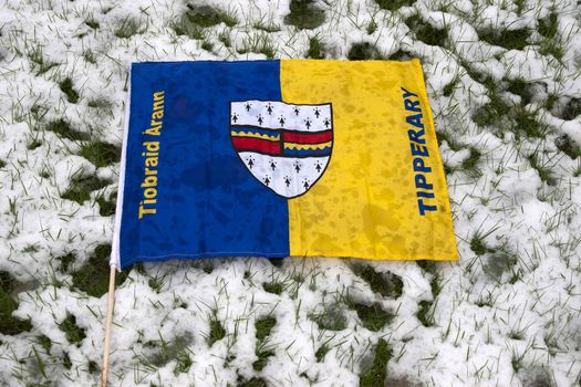 the Tipperary flag against a snow covered green grass background