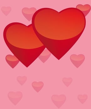 Two hearts on a pink background with some hearts