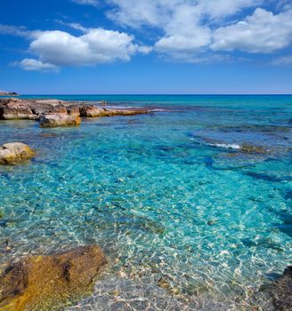 Formentera Mitjorn south beach with turquoise Mediterranean at Balearic Islands