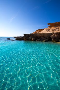 Formentera Es Calo des Mort beach turquoise Mediterranean at Mitjorn of balearic islands