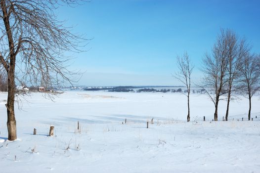 View of frozen river with trees on riverbank, Russia 