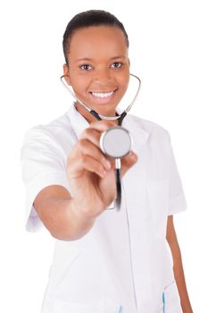 African american woman doctor a over white background, isolated