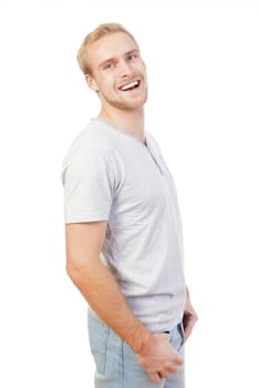 portrait of a young man with blond hair smiling - isolated on white