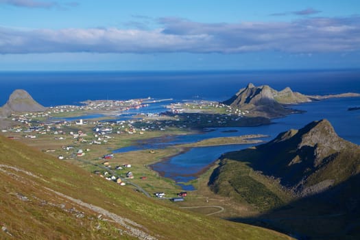 Picturesque fishing port of Sorland on Lofoten islands in Norway during sunny summer day