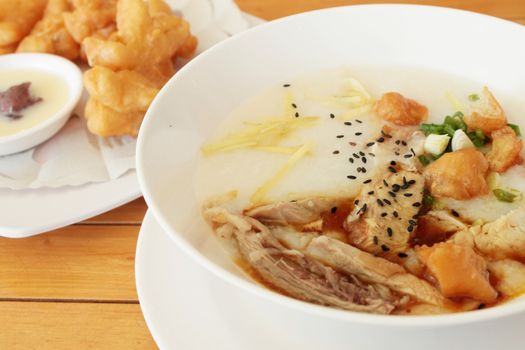 Rice porridge with pork and  Patonko with sweet condensed milk