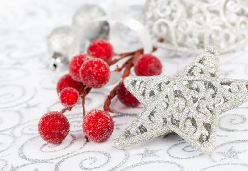 Bright christmas star with xmas decoration with copy space, on  on white background