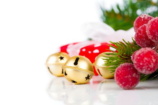 Christmas bells and xmas decoration on white background