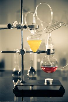 glass laboratory apparatus with liquid samples