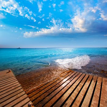 Formentera Mitjorn south beach with turquoise Mediterranean at Balearic Islands