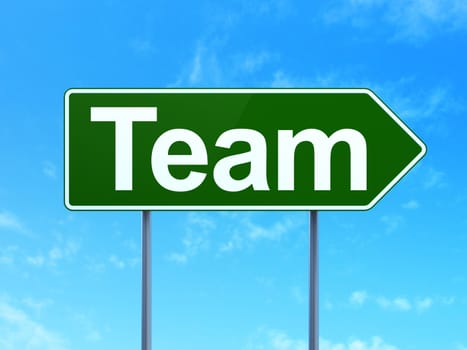 Business concept: Team on green road (highway) sign, clear blue sky background, 3d render