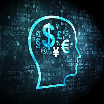 Education concept: pixelated Head With Finance Symbol icon on digital background, 3d render