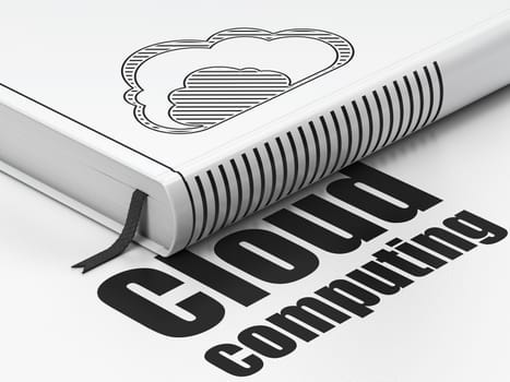 Cloud computing concept: closed book with Black Cloud icon and text Cloud Computing on floor, white background, 3d render