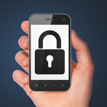 Information concept: hand holding smartphone with Closed Padlock on display. Mobile smart phone on Blue background, 3d render