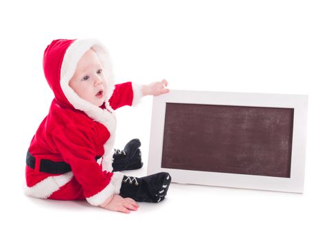 Santa baby and chalkboard  for greetings isolated on white