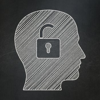 Business concept: Head With Padlock icon on Black chalkboard background, 3d render