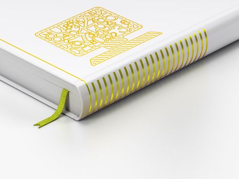 Education concept: closed book with Gold Computer Pc icon on floor, white background, 3d render