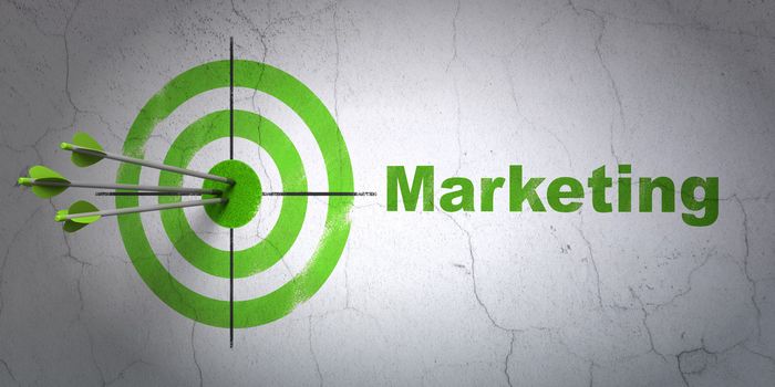 Success marketing concept: arrows hitting the center of target, Green Marketing on wall background, 3d render