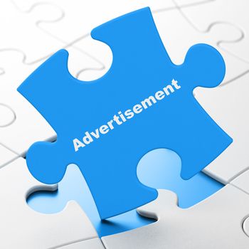 Marketing concept: Advertisement on Blue puzzle pieces background, 3d render