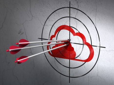 Success cloud computing concept: arrows hitting the center of Red Cloud target on wall background, 3d render