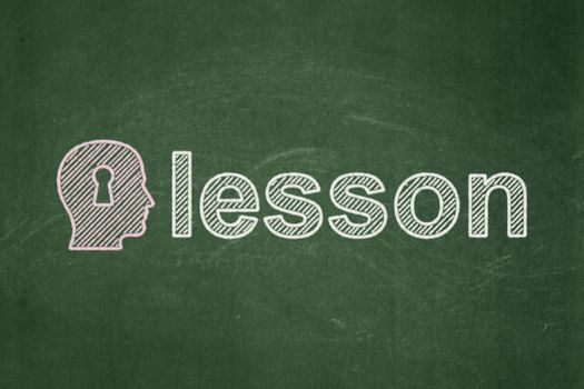 Education concept: Head With Keyhole icon and text Lesson on Green chalkboard background, 3d render