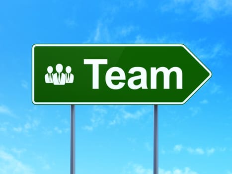 Business concept: Team and Business People icon on green road (highway) sign, clear blue sky background, 3d render