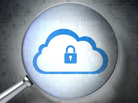 Cloud computing concept: magnifying optical glass with Cloud With Padlock icon on digital background, 3d render