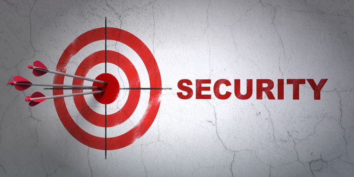 Success security concept: arrows hitting the center of target, Red Security on wall background, 3d render