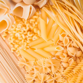 Various pasta  types as a background on the table