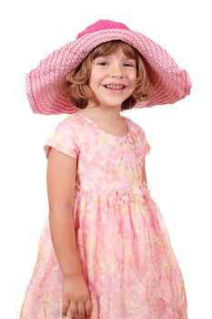 happy little girl with big hat on white 