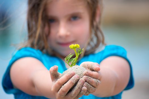 Blond kid girl showing a beach plant with sand in her hands selective focus